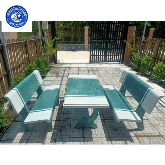 Bộ bàn ghế đá trắng - xanh 2 ghế tựa