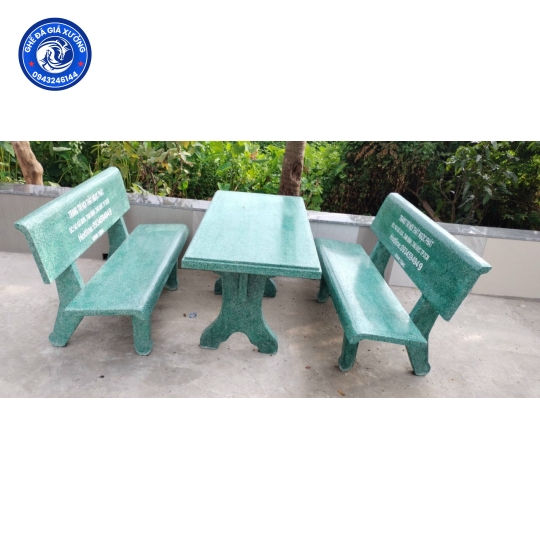 Bàn ghế đá màu xanh 2 ghế tựa 