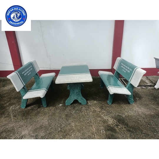 Bộ bàn ghế đá trắng - xanh 2 ghế tựa